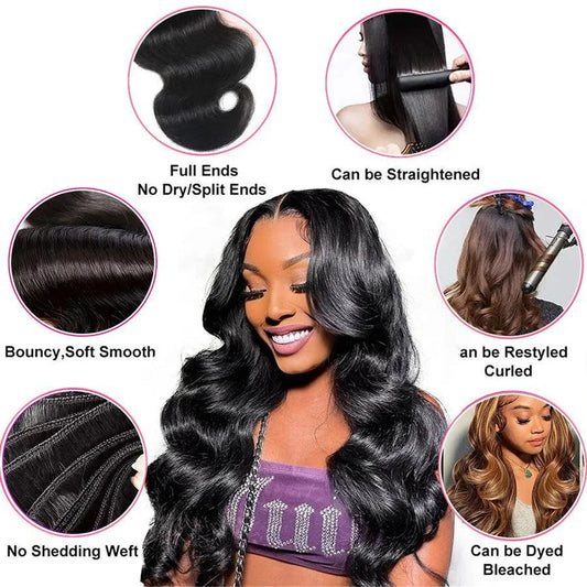 Mandotos Brazilian Body Wave Hair Bundles, 3-piece set of 100% human hair extensions with natural wave texture.