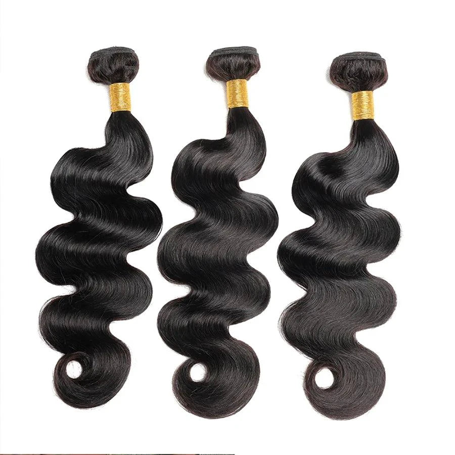 Mandotos Brazilian Body Wave Hair Bundles, 3-piece set of 100% human hair extensions with natural wave texture.