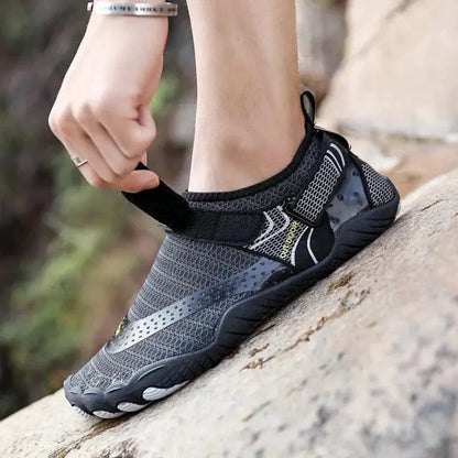 Mandotos breathable unisex water shoes with double buckle closure, slip-on aqua shoes for beach, pool, or water activities.