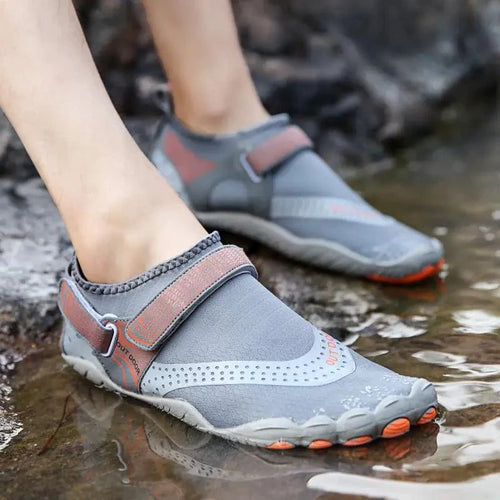 Mandotos breathable double buckle unisex water shoes, slip-on aqua shoes with quick-dry material and flexible sole for water activities.