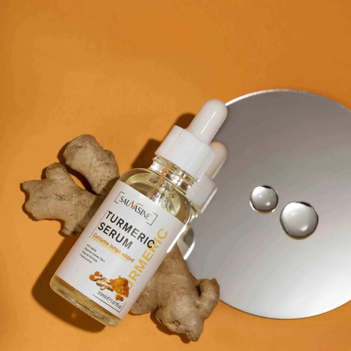 Mandotos BrightGlow Turmeric Radiance Serum bottle with product label and dropper, showcasing a bright, glowing skincare product.