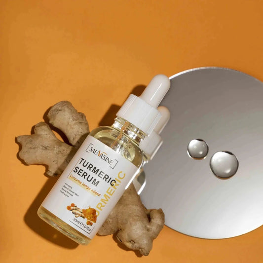 Mandotos BrightGlow Turmeric Radiance Serum bottle with product label and dropper, showcasing a bright, glowing skincare product.
