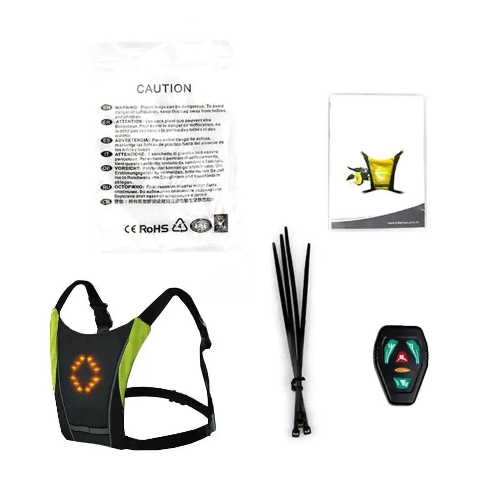 Mandotos BrightRide LED cycling vest with storage, lightweight reflective vest with built-in LED lights for visibility during bike rides.
