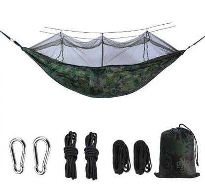 Mandotos Bug-Free Camp Hammock for two with mosquito protection, ideal for outdoor relaxation and serene camping experiences.