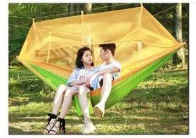 Mandotos bug-free camp hammock designed for outdoor relaxation with mosquito protection for two people.