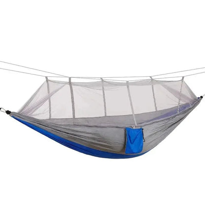 Mandotos bug-free camp hammock made of durable 210T nylon fabric, designed to keep insects away for peaceful outdoor relaxation.