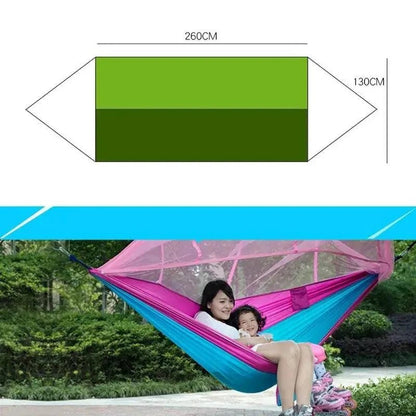 Mandotos bug-free camp hammock made of durable 210T nylon fabric, designed for insect-free outdoor relaxation.