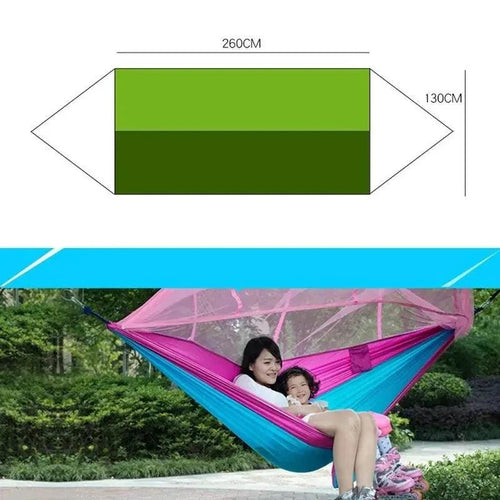 Mandotos bug-free camp hammock made of durable 210T nylon fabric, designed for insect-free outdoor relaxation.