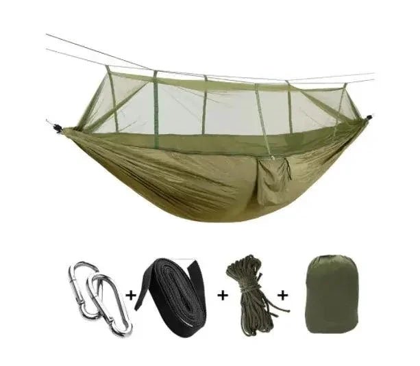 Mandotos Bug-Free Camp Hammock made of durable 210T nylon fabric, designed to keep insects away for a peaceful outdoor experience.