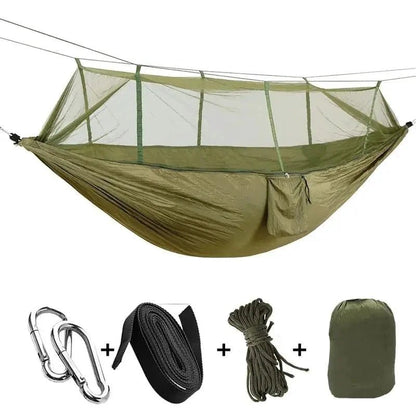 Mandotos Bug-Free Camp Hammock made of durable 210T nylon fabric, designed for outdoor comfort and insect protection.
