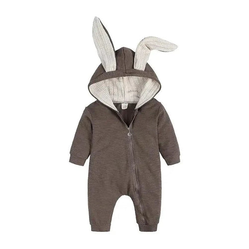 Mandotos Bunny Ear Baby Onesie featuring soft fabric and adorable bunny ear hood for cozy, cute baby wear.