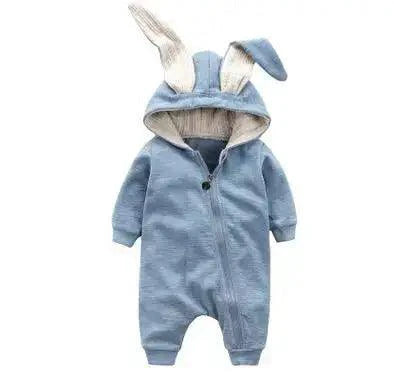 Pink Bunny Ear Baby Onesie by MANDOTOS featuring adorable bunny ear hood and soft fabric, perfect for infants.