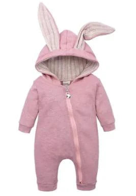 Pink bunny ear baby onesie by MANDOTOS featuring soft fabric and adorable bunny ear hood for cute, comfortable baby wear.