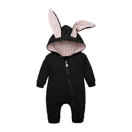 Pink bunny ear baby onesie by MANDOTOS featuring soft fabric and adorable bunny ear hood for cute, comfortable baby wear.