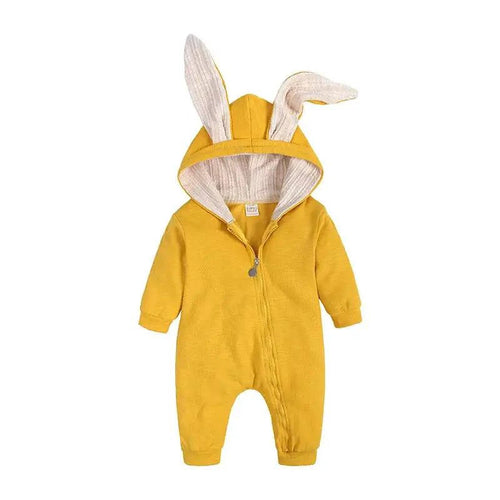 Pink bunny ear baby onesie by MANDOTOS featuring soft fabric and adorable bunny ear hood for little ones.