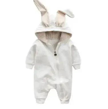 Pink bunny ear baby onesie by MANDOTOS featuring soft fabric and adorable bunny ear hood, perfect for cute baby outfits.