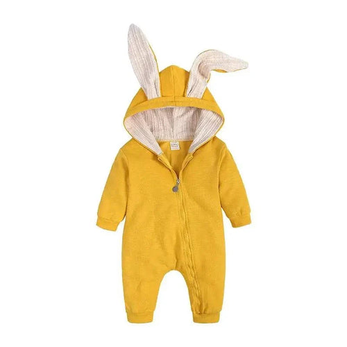 Cute bunny ear baby onesie by MANDOTOS, soft fabric with adorable bunny ear hood for infants.