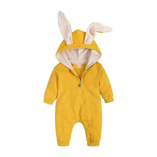 Cute bunny ear baby onesie by MANDOTOS, soft fabric with adorable bunny ear hood for infants.