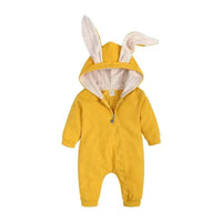 Mandotos Bunny Ear Baby Onesie featuring soft fabric and adorable bunny ear hood for infants.