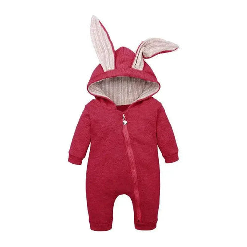 Mandotos Bunny Ear Baby Onesie featuring soft fabric and adorable bunny ear hood for cute, comfortable babywear.