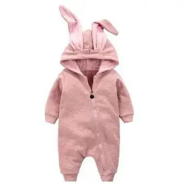 Mandotos Bunny Ear Baby Onesies featuring soft fabric and cute bunny ear hood for adorable infant comfort.
