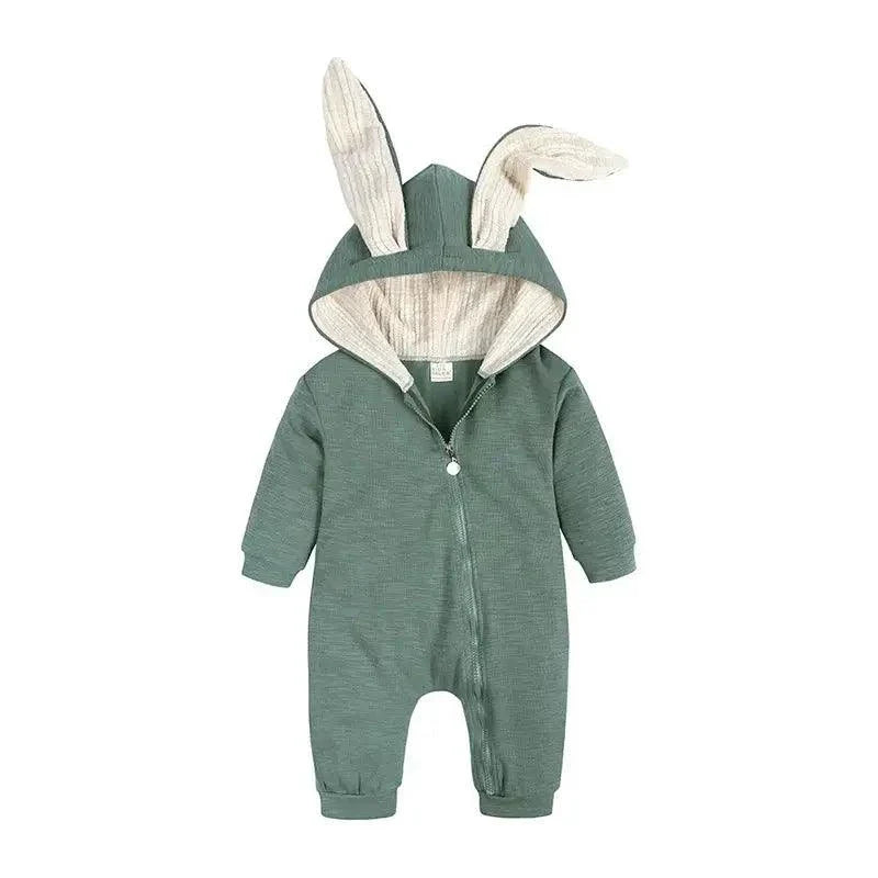 Soft pink Bunny Ear Baby Onesies by MANDOTOS with adorable bunny ear hood and cute front design for infants.