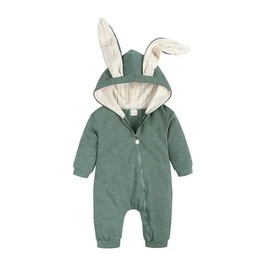 Pink bunny ear baby onesie by MANDOTOS, featuring soft fabric and adorable bunny ear hood for infants.