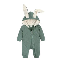Adorable bunny ear baby onesie by MANDOTOS featuring soft fabric and cute bunny ear hood for infants.