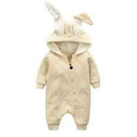 Pink bunny ear baby onesie by MANDOTOS featuring soft fabric and adorable bunny ear hood for infants.