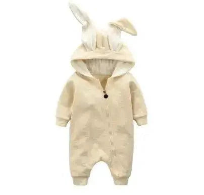 Mandotos bunny ear baby onesie with soft fabric and adorable bunny ear hood for infants and toddlers.