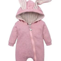 Mandotos Bunny Ear Baby Onesie featuring soft fabric and adorable bunny ear hood for cute, comfortable baby wear.