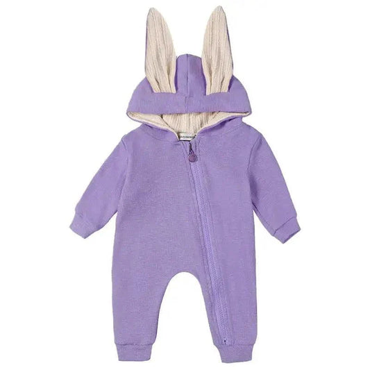 Pink bunny ear baby onesie by MANDOTOS, featuring soft fabric and adorable bunny ear hood for infants.