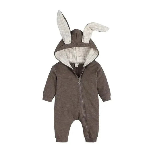 Pink bunny ear baby onesie by MANDOTOS featuring soft fabric and adorable bunny ear hood for little ones.