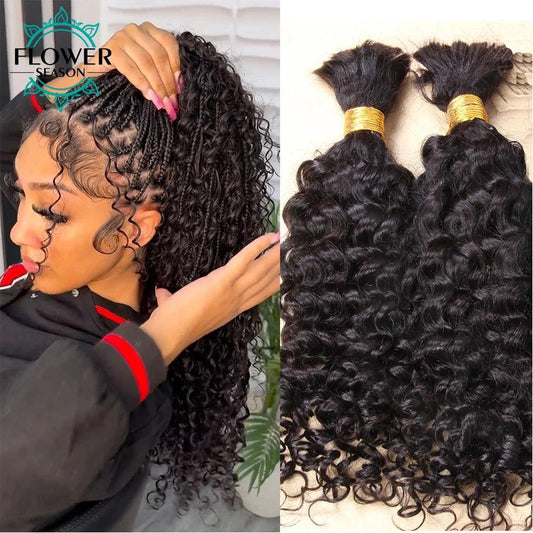 Mandotos Burmese Boho Braids double drawn curly human hair extensions in 3 bundles, ideal for braiding and styling.