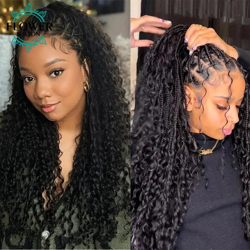 Mandotos Burmese Boho Braids double drawn curly human hair extensions in 3 bundles for braiding, shown in natural black color.