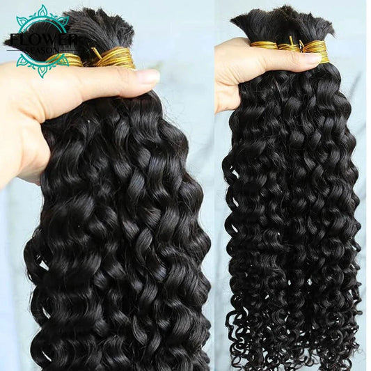 Mandotos Burmese Boho Braids double drawn curly human hair extensions in three bundles, ideal for braiding and styling.