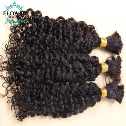 Mandotos Burmese Boho Braids double-drawn curly human hair extensions in three bundles, ideal for braiding and styling.