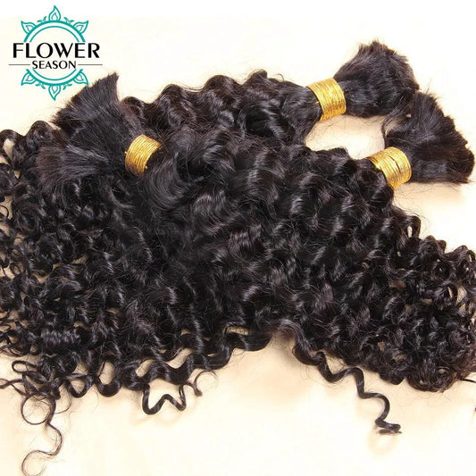 Mandotos Burmese Boho Braids double drawn curly human hair extensions in three bundles for braiding, natural textured appearance.