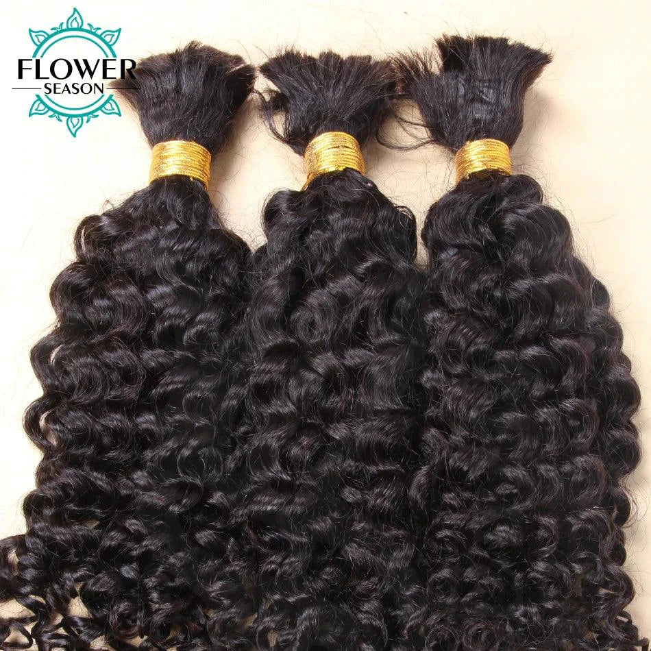 Mandotos Burmese Boho Braids double drawn curly human hair extensions in three bundles, ideal for braiding and styling.
