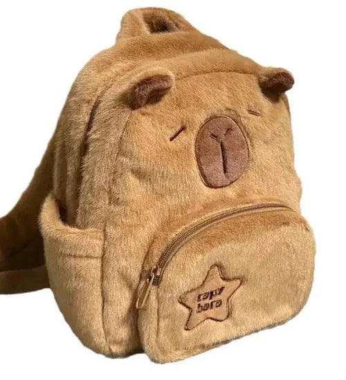 Cute Capybara Cuddle Backpack by MANDOTOS with soft plush fabric and adorable capybara design, perfect for carrying essentials.