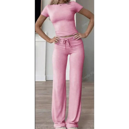Mandotos casual solid 2-piece T-shirt and pants set for women, featuring comfortable relaxed fit and simple design in neutral color.