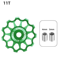 Mandotos ceramic bicycle guide wheel for rear derailleur, bearing axis adapter, bike guide roller, jockey wheel 10T-17T, close-up view.