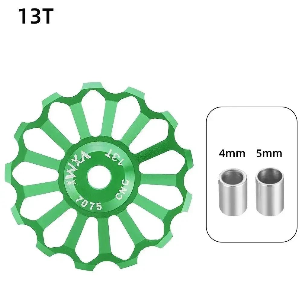 Mandotos ceramic bicycle rear derailleur guide wheel with bearing axis adapter and jockey wheel for 10T-17T gear systems.