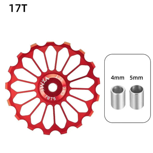 Ceramic bicycle guide wheel for rear derailleur, bearing axis adapter, jockey wheel, 10T-17T, by MANDOTOS, showing detailed roller and mount