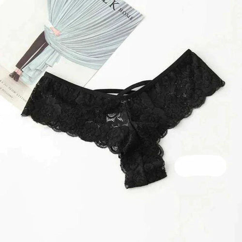 Set of four lace G-string panties for women by MANDOTOS, featuring delicate lace fabric and minimal coverage.