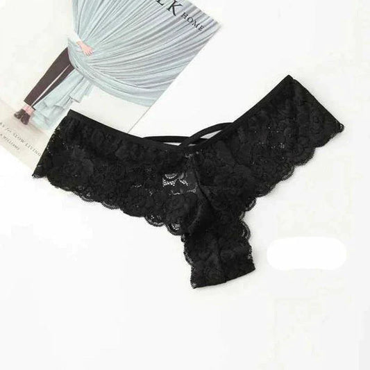 Set of four lace G-string panties for women by MANDOTOS, featuring delicate lace fabric and minimal coverage.