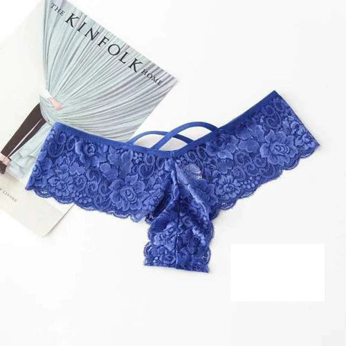 Set of four MANDOTOS lace G-string panties for women, featuring delicate floral lace and minimal coverage in a chic design.