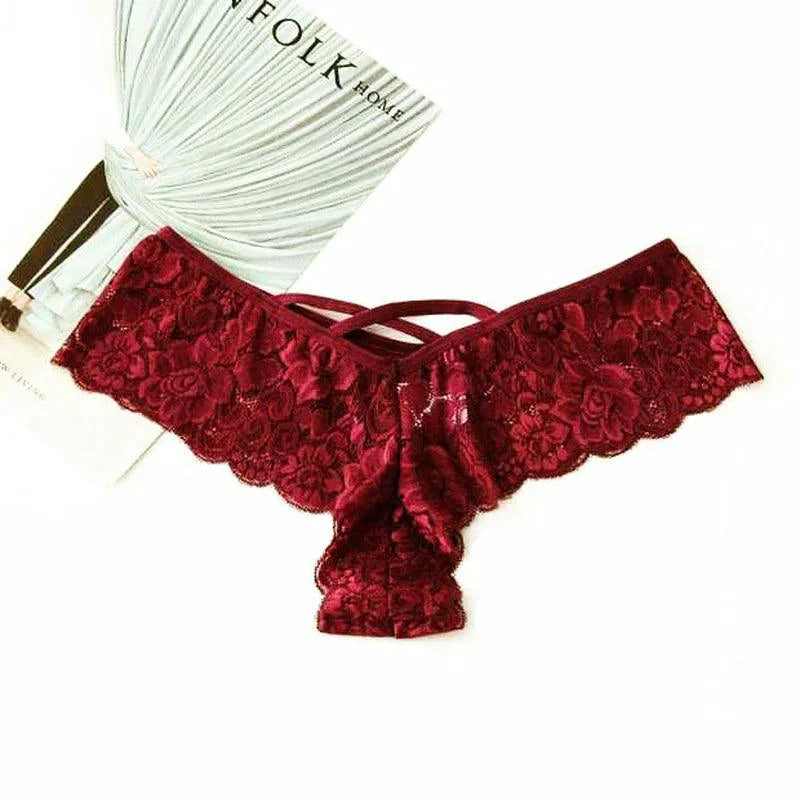 Set of four lace G-string panties for women by MANDOTOS, featuring chic, comfortable designs in various colors.