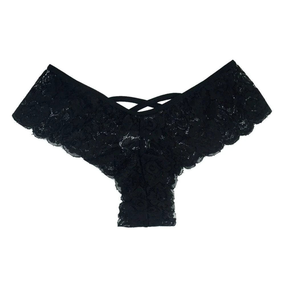 Set of four lace G-string panties for women by MANDOTOS, featuring delicate floral patterns and comfortable fit.