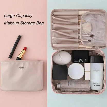 Mandotos Chic Beauty Bag Organizer with multiple compartments for cosmetics and toiletries, compact and stylish for travel.